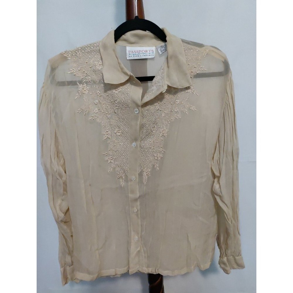 Passports womens size S sheer top cream LS collar button up beads embroidery EUC